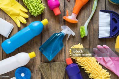 House cleaning product on wood table